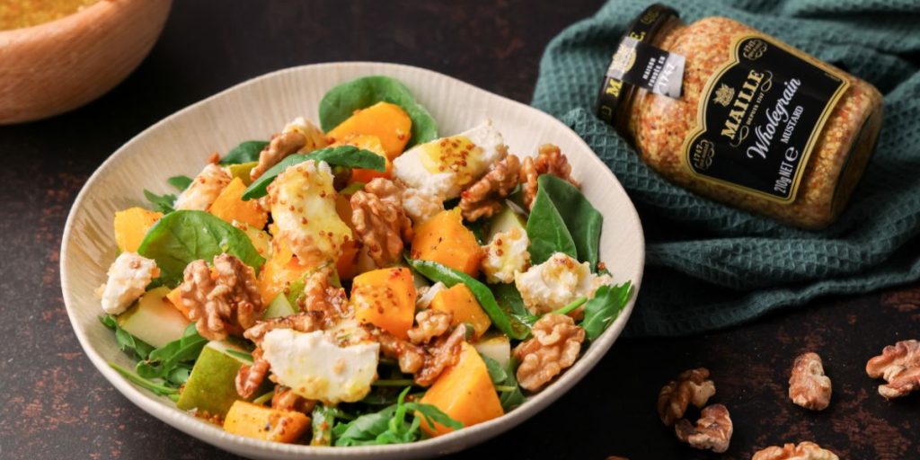 Jesienna sałatka z pieczoną dynią i sosem musztardowym decare